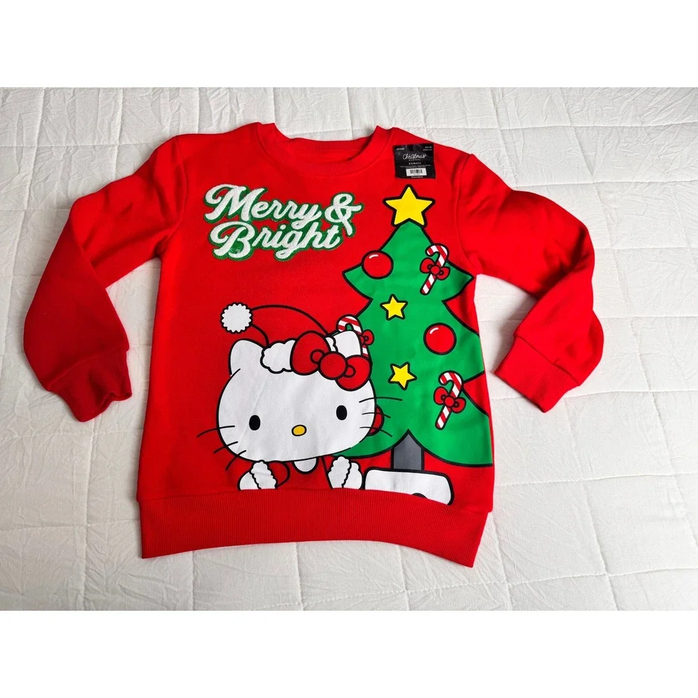 Christmas Embroidered Hello Kitty Merry Bright Long Sleeve Sweatshirt Red XS‎